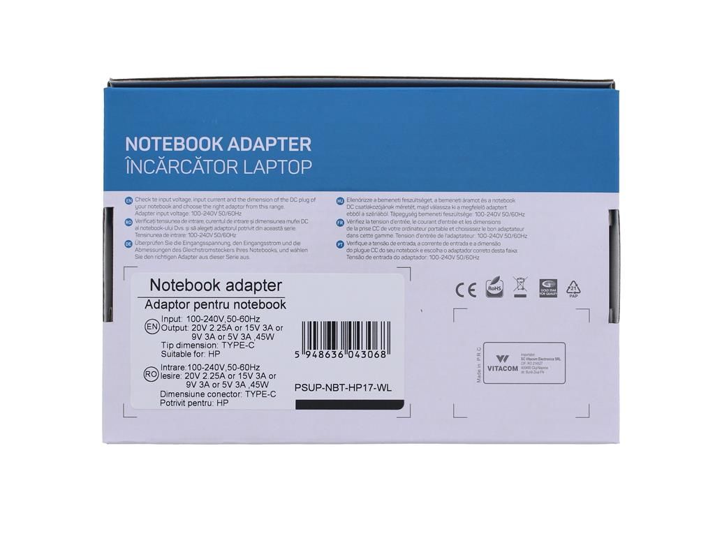 Alimentator pentru laptop HP 5V/3A 9V/3A 15V/3A 20V/2.25A 45W USB type C Well