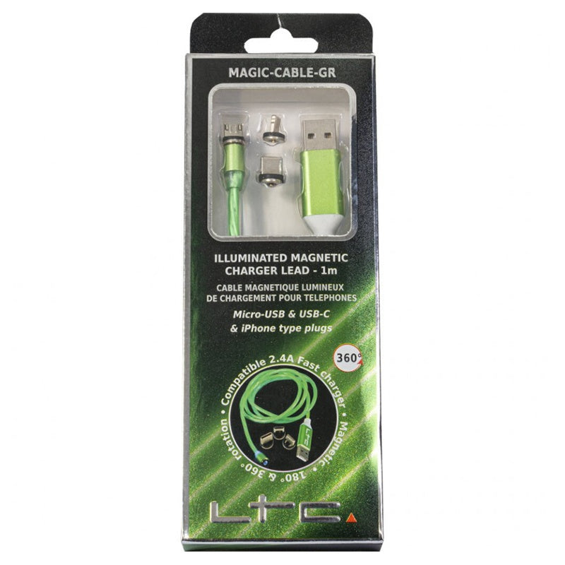 Cablu 1m 3in1 USB TYPE C iPhone Micro USB iluminat LED verde