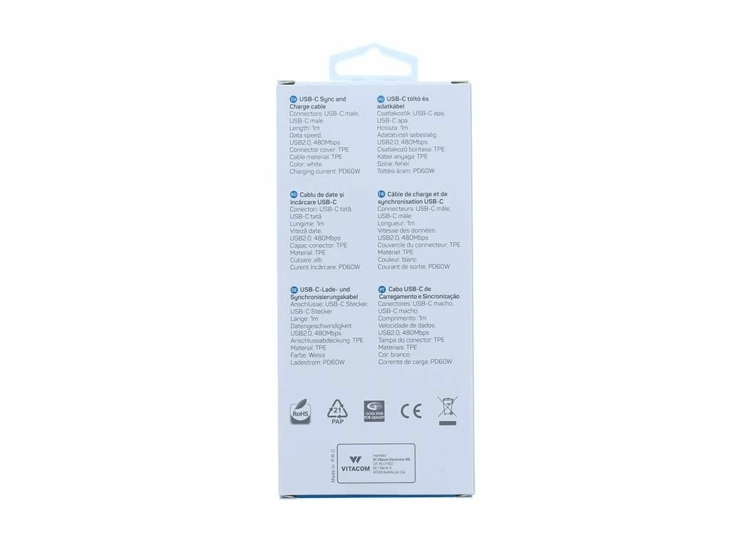 Cablu 2.0 USB TYPE C - USB TYPE C PD 60W 1m alb Well CABLE-USBC/USBC-1WE06-WL