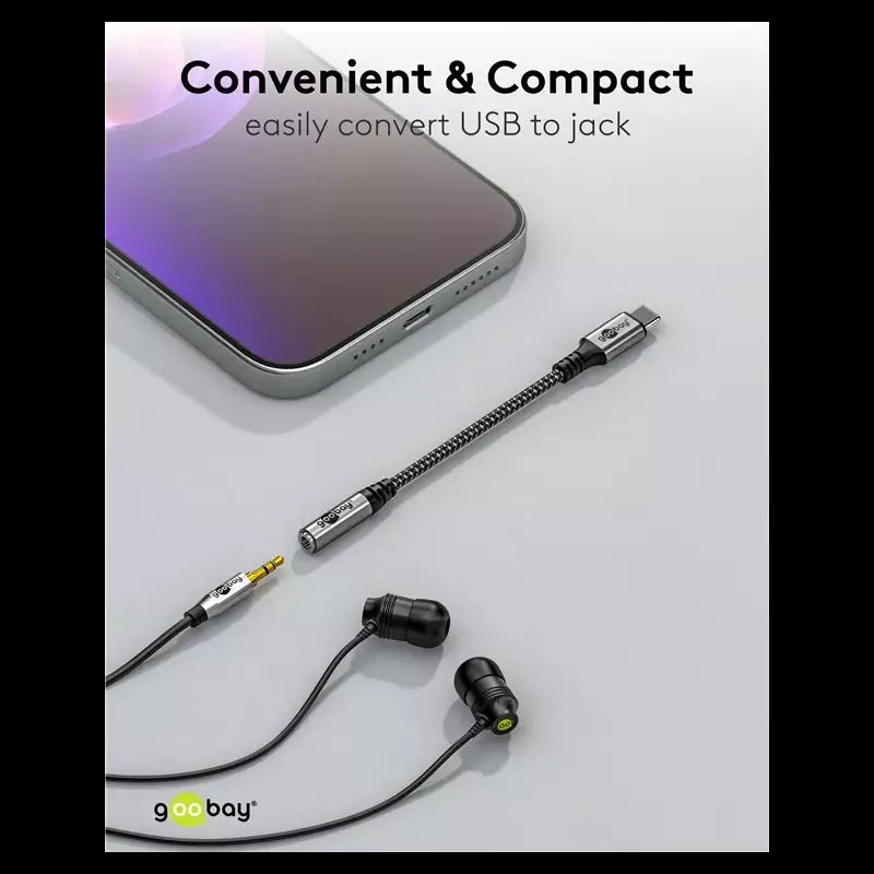 Cablu adaptor USB-C la mufa Jack 3.5 mm mama 15cm textil Goobay 74056