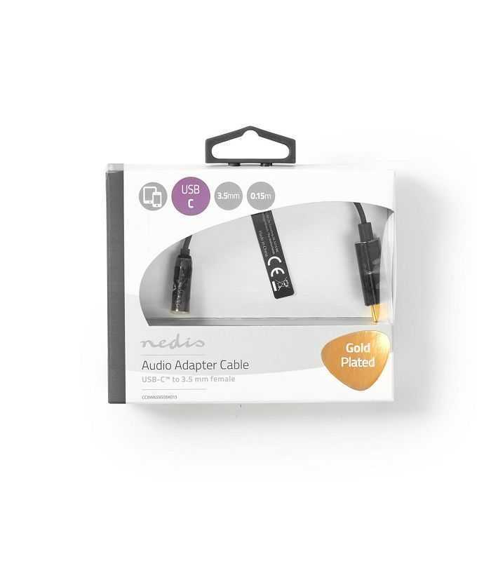 Cablu adaptor USB TYPE C tata - Jack 3.5 mm mama 15cm aurit negru Nedis