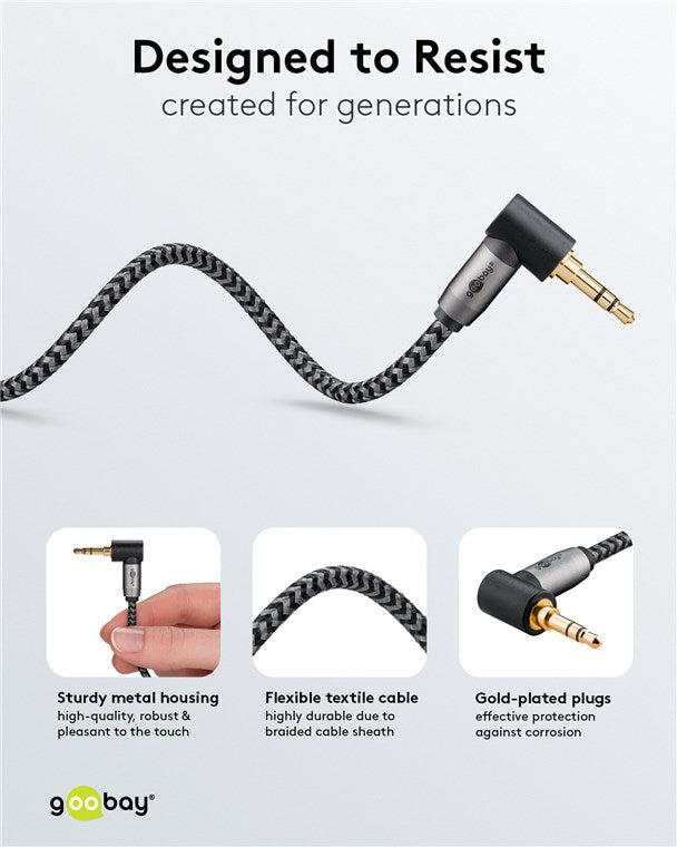 Cablu audio stereo 1m textil impletit Jack 3.5 mm - 3.5 mm 90 grade tata-tata aurit Goobay 65278