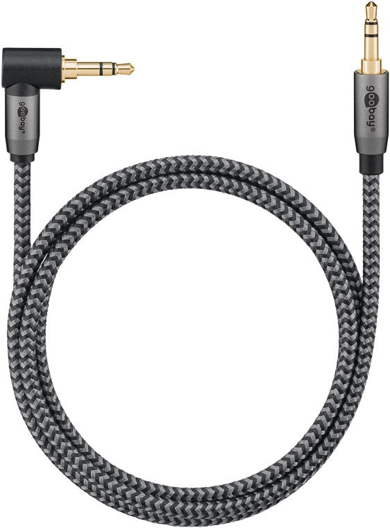 Cablu audio stereo 1m textil impletit Jack 3.5 mm - 3.5 mm 90 grade tata-tata aurit Goobay 65278