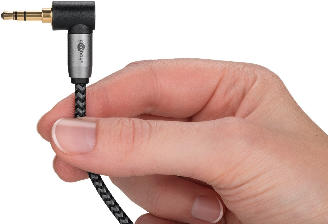 Cablu audio stereo 1m textil impletit Jack 3.5 mm - 3.5 mm 90 grade tata-tata aurit Goobay 65278
