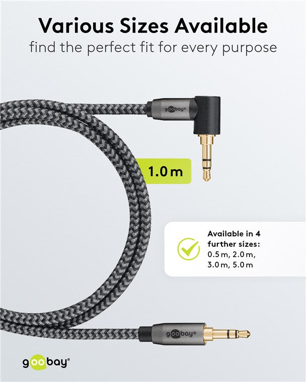 Cablu audio stereo 1m textil impletit Jack 3.5 mm - 3.5 mm 90 grade tata-tata aurit Goobay 65278