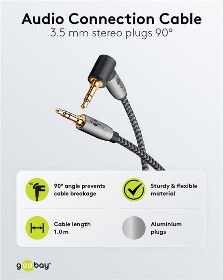 Cablu audio stereo 1m textil impletit Jack 3.5 mm - 3.5 mm 90 grade tata-tata aurit Goobay 65278