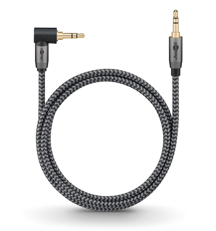 Cablu audio stereo 1m textil impletit Jack 3.5 mm - 3.5 mm 90 grade tata-tata aurit Goobay 65278