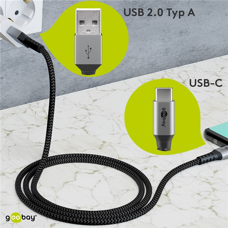 Cablu de date si incarcare USB type C 1m 3A gri/argintiu textil flexibil Goobay 49296