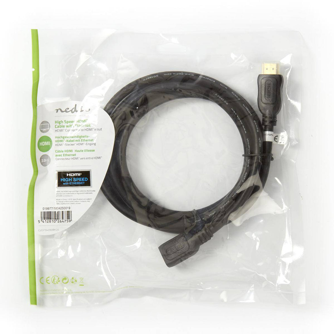 Cablu prelungitor HDMI tata - HDMI mama HighSpeed Ethernet contacte aurite 2m Nedis