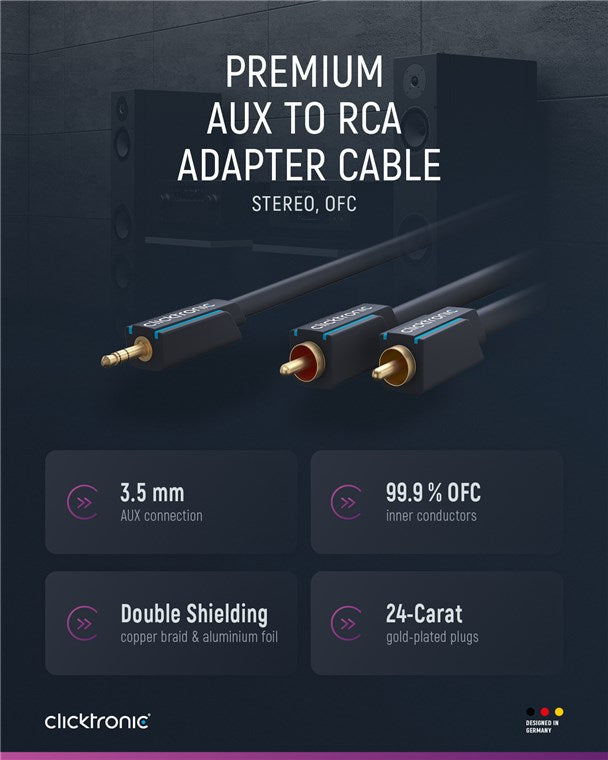 Cablu Profesional CLICKTRONIC audio STEREO JACK 3.5 mm AUX tata la 2x RCA tata STEREO 3m OFC COAX 50 ohm 70468 CLICKTRONIC