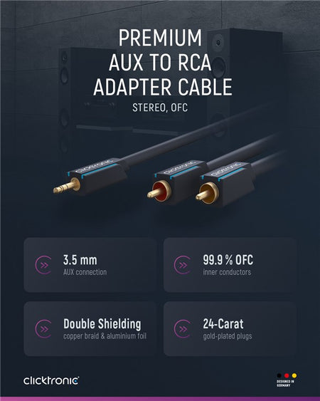 Cablu Profesional CLICKTRONIC audio STEREO JACK 3.5 mm AUX tata la 2x RCA tata STEREO 3m OFC COAX 50 ohm 70468 CLICKTRONIC
