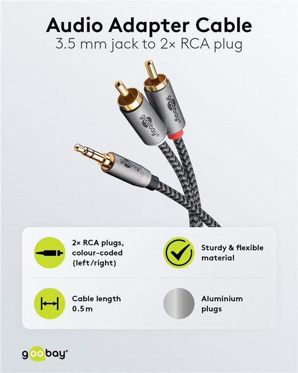 Cablu stereo premium extrem de flexibil Jack 3.5 mm tata - 2x RCA tata 0.5m cablu textil negru Goobay Plus 65284