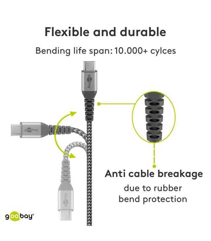Cablu textil USB TYPE C tata-tata 0.5m 3A mufe metalice argintiu Goobay