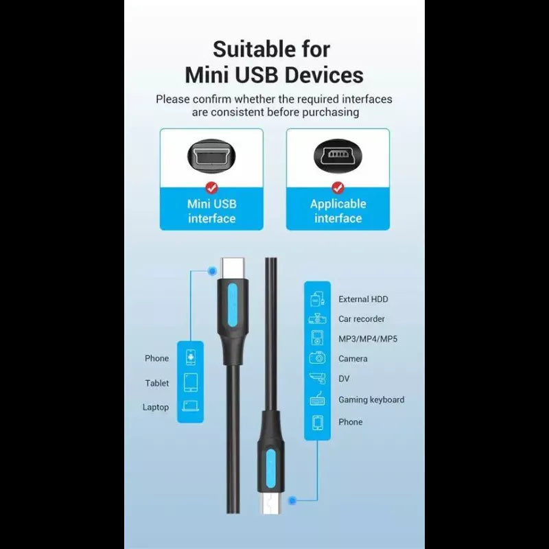 Cablu USB2.0 mini 5pin mufa tata - USB C mufa tata nichelat 2m negru dublu ecranat 2A VENTION COWBH
