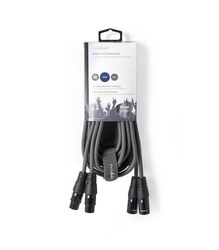Cablu XLR stereo Premium Nedis 3m 2x XLR 3-pini tata - 2x XLR 3-pini mama gri COTH15030GY30