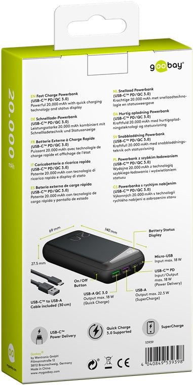 Fast Charge Power Bank acumulator extern 20000mAh USB type C PD QC 3.0 Goobay