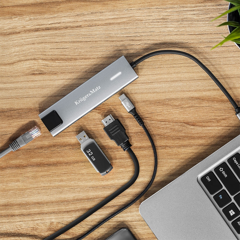 HUB 6in1 USB TYPE C - HDMI v1.4 3840x2160px 30Hz + 2x USB3.0/2.0 + 2x USB TYPE C + RJ45 Kruger&Matz