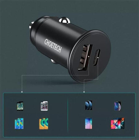 Incarcator auto Choetech TC0006-V2 1x USB type C + 1x USB-A 30W QC 3.0 Power Delivery negru