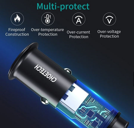 Incarcator auto Choetech TC0006-V2 1x USB type C + 1x USB-A 30W QC 3.0 Power Delivery negru
