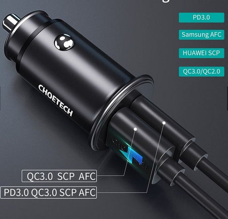 Incarcator auto Choetech TC0006-V2 1x USB type C + 1x USB-A 30W QC 3.0 Power Delivery negru