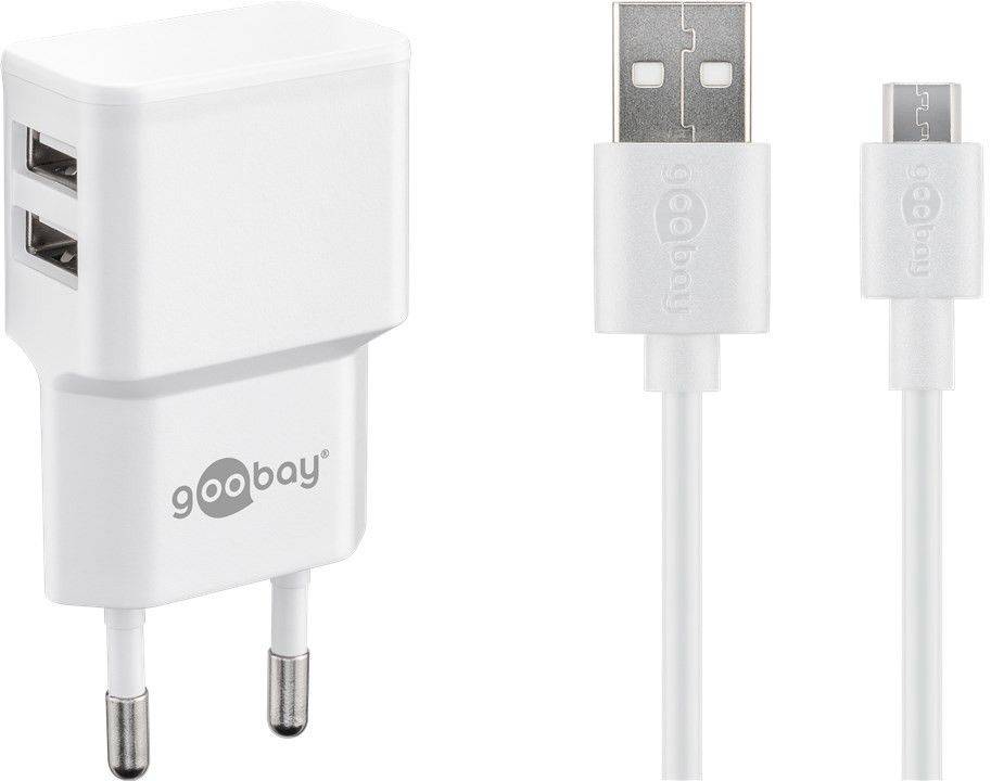 Incarcator de retea dual 2x USB cu cablu micro USB 2.4A alb Goobay
