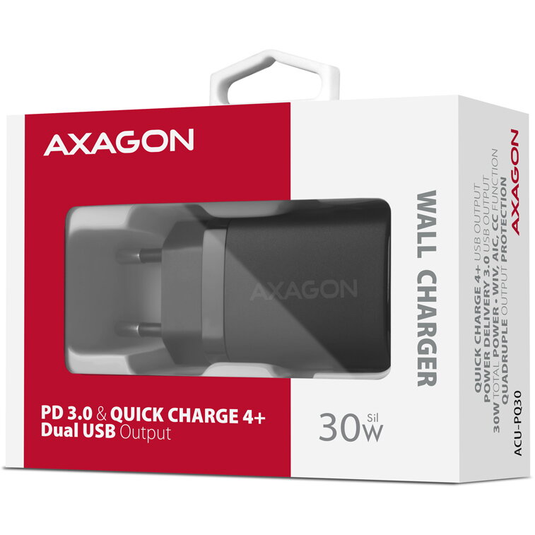 Incarcator retea PD 3.0 QC4+ 1x USB type C + 1x USB-A 30W negru Axagon ACU-PQ30