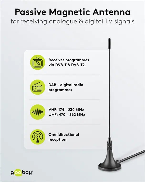Mini antena magnetica pasiva DVB-T2 HD FM DAB Goobay 67090
