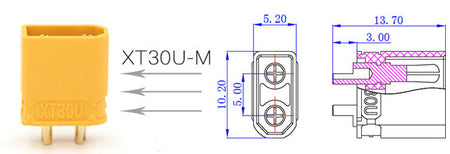 Mufa alimentare DC XT30 tata 2 pini pe cablu lipite 15A 500V AMASS XT30U-M
