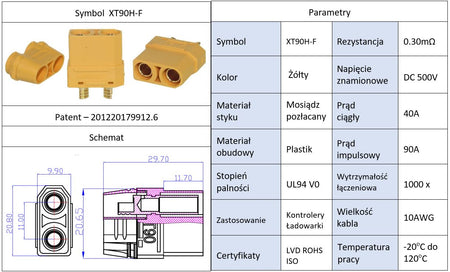 Mufa alimentare DC XT90 mama PIN 2 pe cablu lipite 40A 500V AMASS