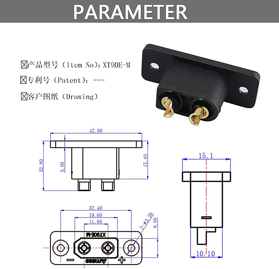 Soclu alimentare DC XT90 tata pe panou 2 pini lipire 30A 500V negru AMASS XT90E-M