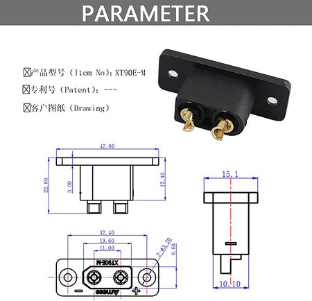 Soclu alimentare DC XT90 tata pe panou 2 pini lipire 30A 500V negru AMASS XT90E-M