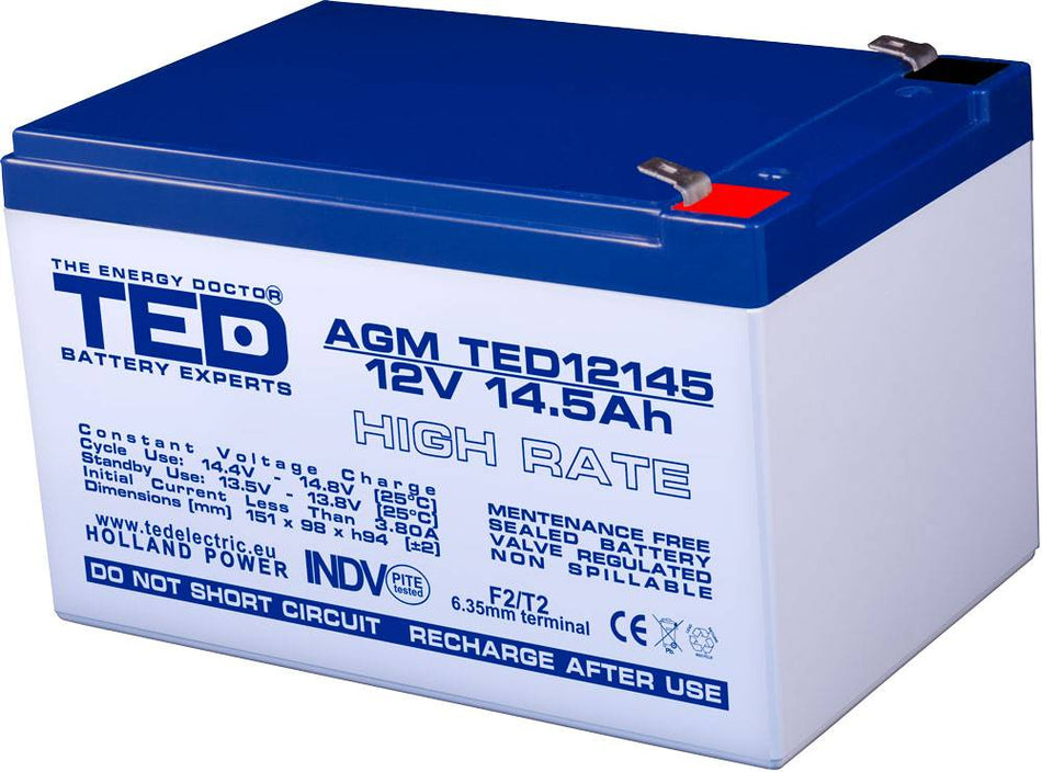 Acumulator 12V 14.5A AGM VRLA High Rate 151x98x95mm F2 TED Battery Expert Holland