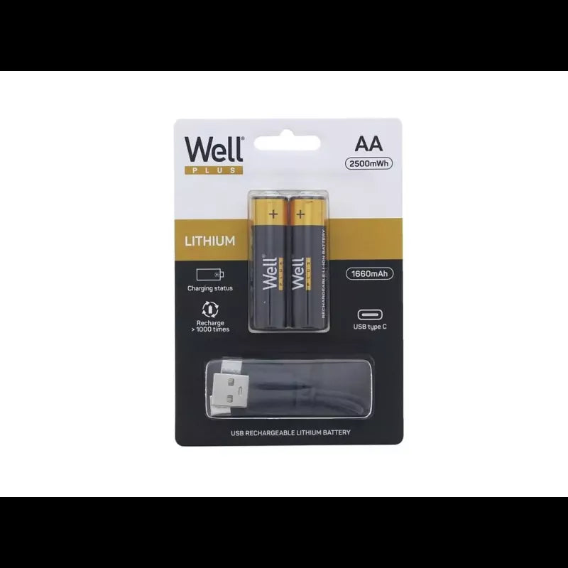 Acumulator AA R6 Li-ion 14500 1.5V 1660mAh 2500mWh cu incarcare 5V USB-C 2buc/blister Well ACCU-14500/166C-BL2-WL
