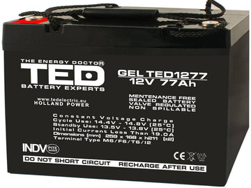 Acumulator AGM VRLA 12V 77A GEL dimensiuni 260x167xh210mm M6 TED Battery Expert