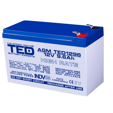 Acumulator AGM VRLA 12V 9.6A High Rate 151x65x95mm F2 TED Battery Expert Holland