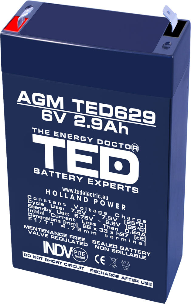 Acumulator AGM VRLA 6V 2.9Ah plumb acid 66x33x97 mm F1 terminal TED Battery Expert Holland