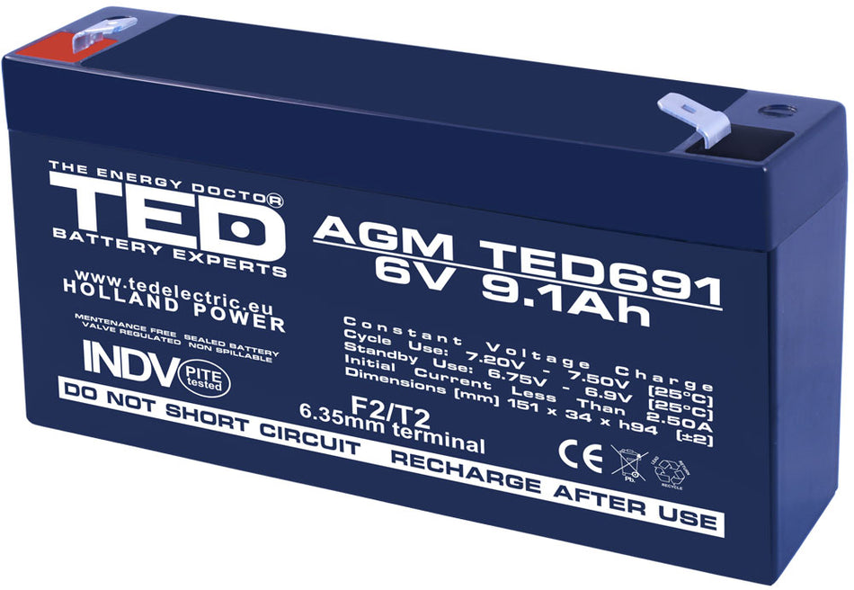 Acumulator AGM VRLA plumb acid 6V 9.1A 151x34xh95mm F2 TED Battery Expert Holland TED002990 5949258002990