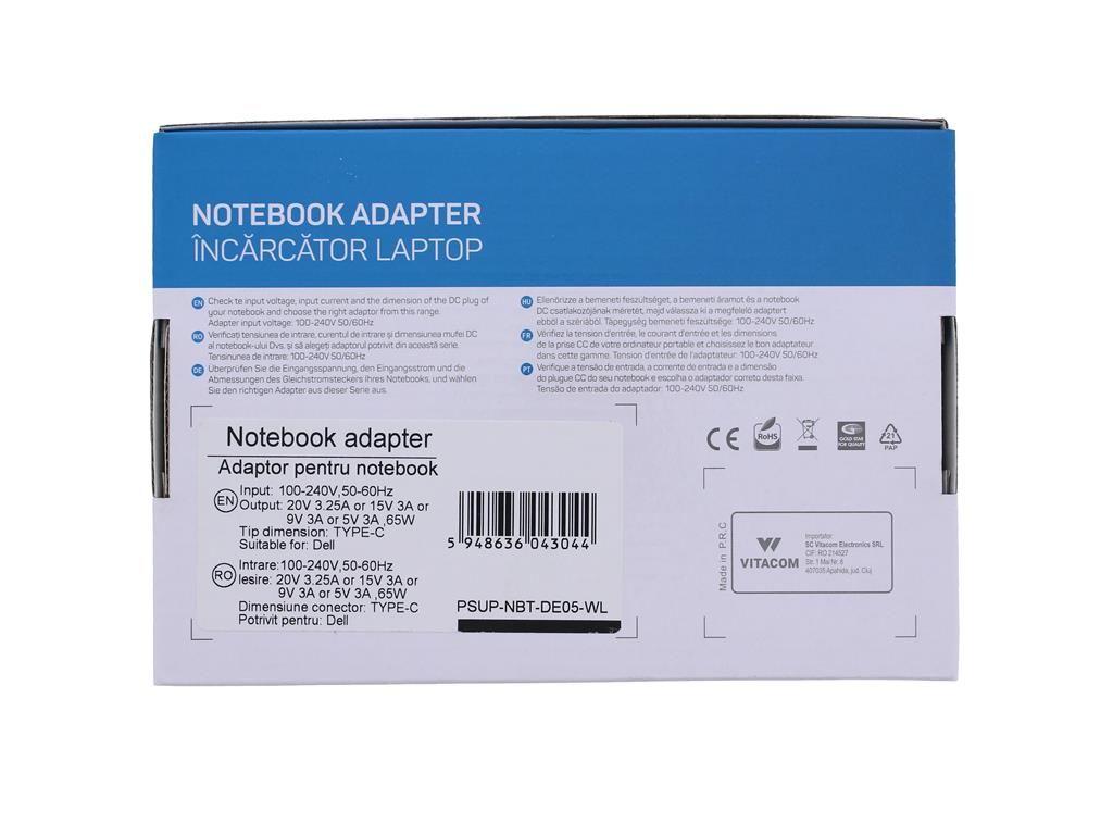 Alimentator pentru laptop Dell 20V/3.25A 15V/3A 9V/3A 5V/3A 65W USB type C Well