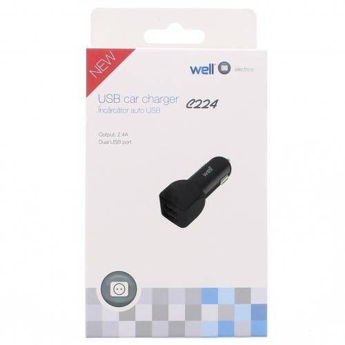 Alimentator USB bricheta auto 2 iesiri 2.4A negru Well