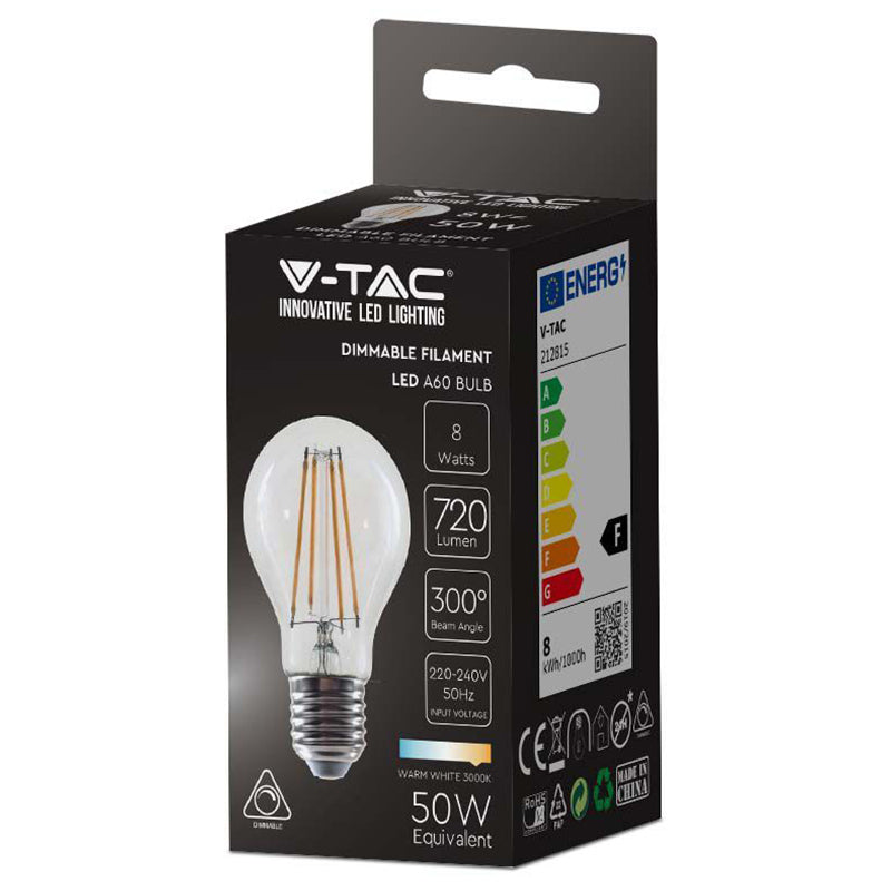 Bec E27 A60 CU FILAMENT DIMABIL LED 8W 700lm 3000K alb cald V-tac SKU-212815