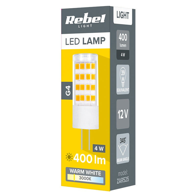 Bec LED G4 12V 4W 400lm 3000K alb cald 16x47 mm REBEL ZAR0525