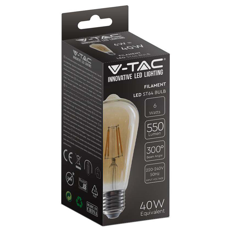 Bec LED ST64 E27 6W 550lm cu filament 2200K model EDISON V-tac SKU-214362