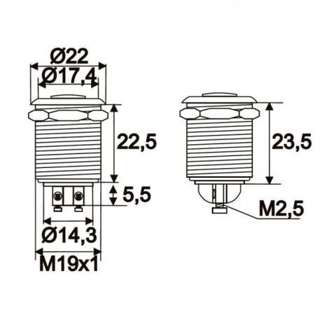 Buton 1 circuit 2A 250V OFF-ON fara retinere metal resistent la apa