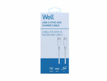 Cablu 2.0 USB TYPE C - USB TYPE C PD 60W 1m alb Well CABLE-USBC/USBC-1WE06-WL