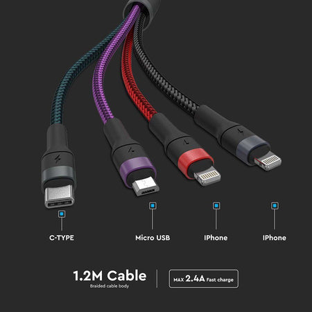 Cablu 4in1 USB TYPE C MICRO USB LIGHTNING - USB 2.4A 1.2m V-TAC SKU-7748
