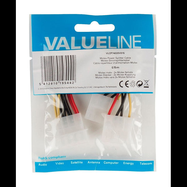 Cablu adaptor Intern PC sursa Molex tata - 2x Molex mama 0.15m Valueline