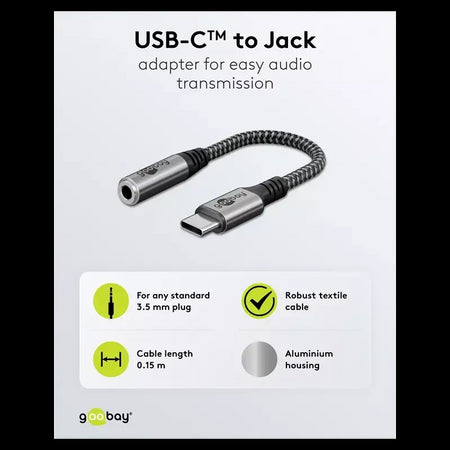 Cablu adaptor  USB-C la mufa Jack 3.5 mm mama 15cm textil Goobay 74056