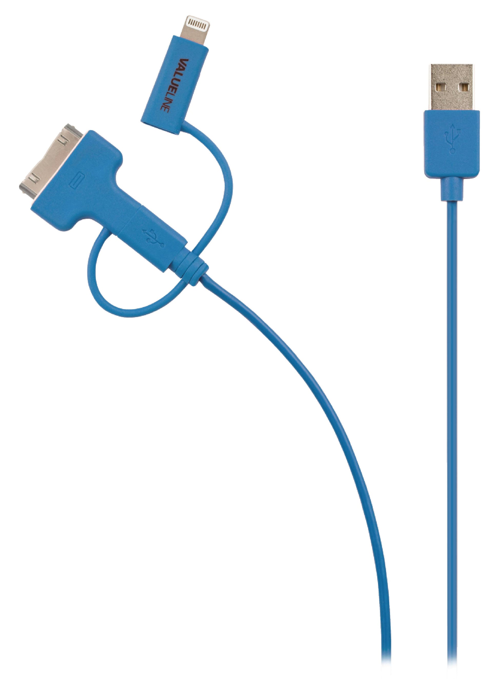 Cablu alimentare si sincronizare albastru USB 2.0 - micro USB +adaptor lightning +Apple Dock 30pini 1m cupru Valueline