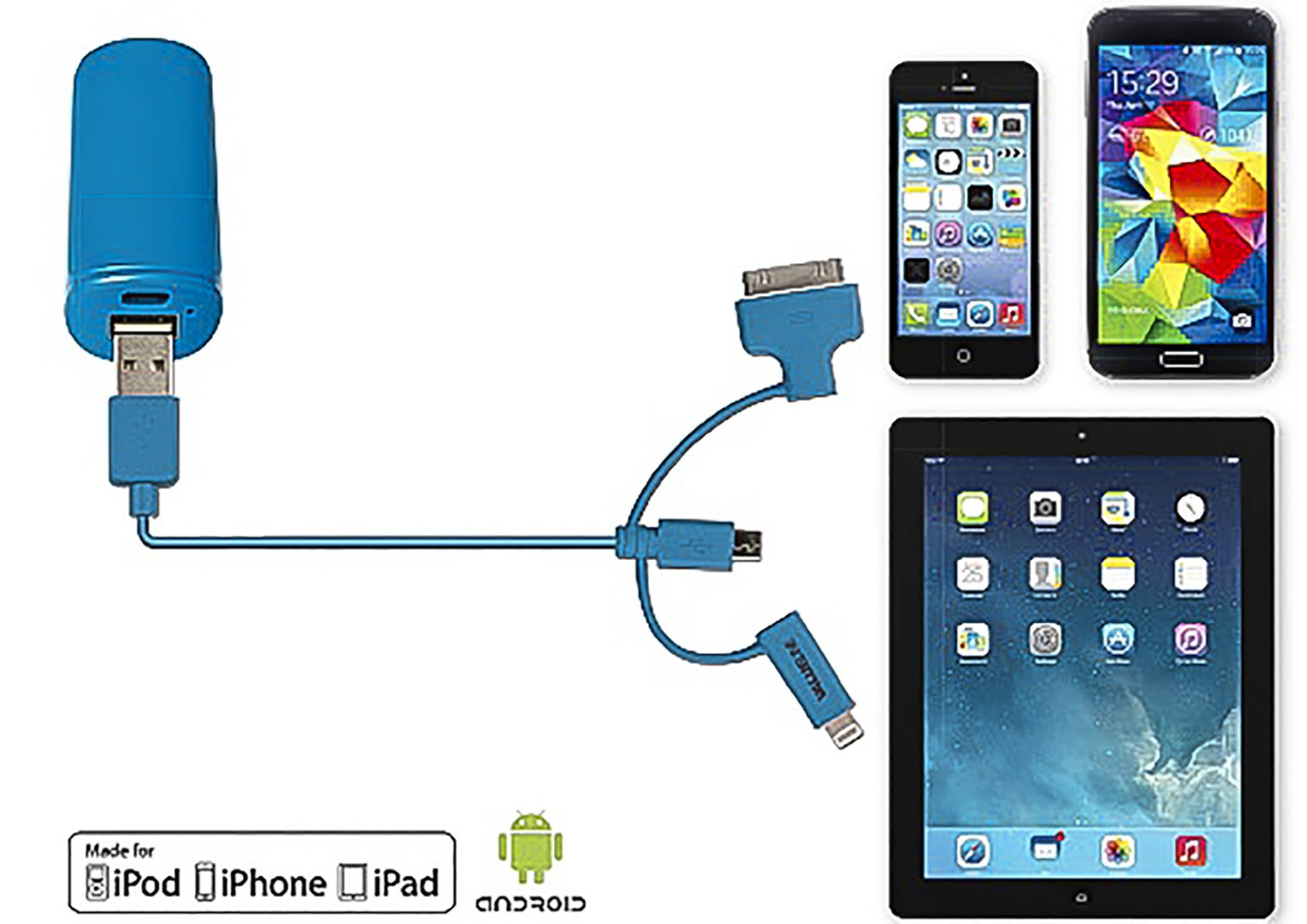 Cablu alimentare si sincronizare albastru USB 2.0 - micro USB +adaptor lightning +Apple Dock 30pini 1m cupru Valueline