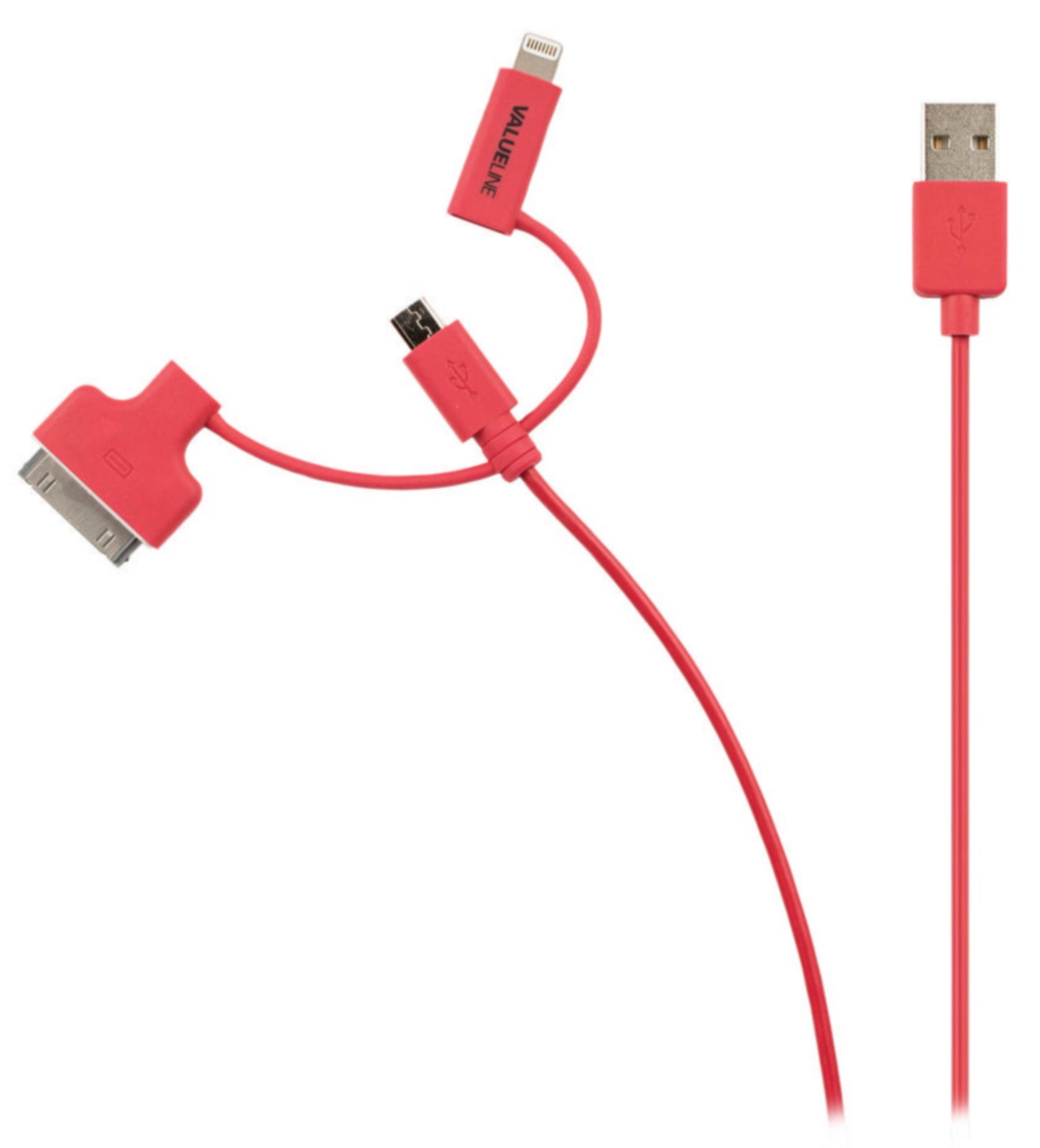 Cablu alimentare si sincronizare rosu USB 2.0 - micro USB +adaptor lightning +Apple Dock 30pini 1m cupru Valueline